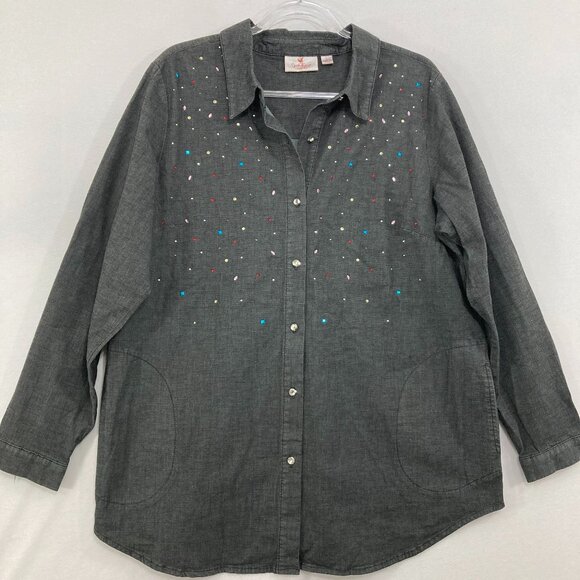 Quacker Factory Large Gray Embellished Long Sleeve Relaxed Button Down Festival - Picture 1 of 10